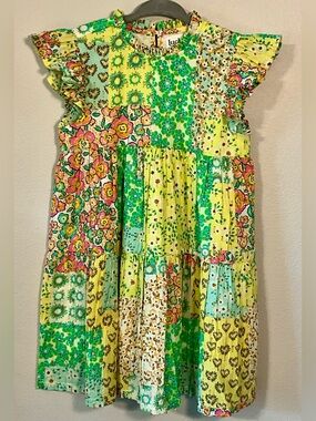NWT Lucky Jade Bright Yellow & Green Floral Patchwork Dress w/Metallic Accents
